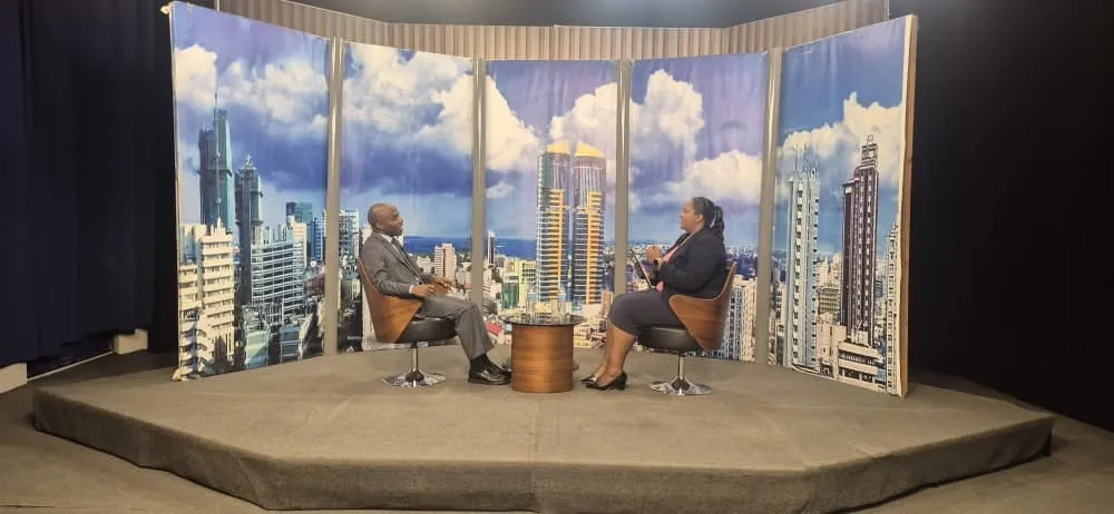 A television studio interview in progress
