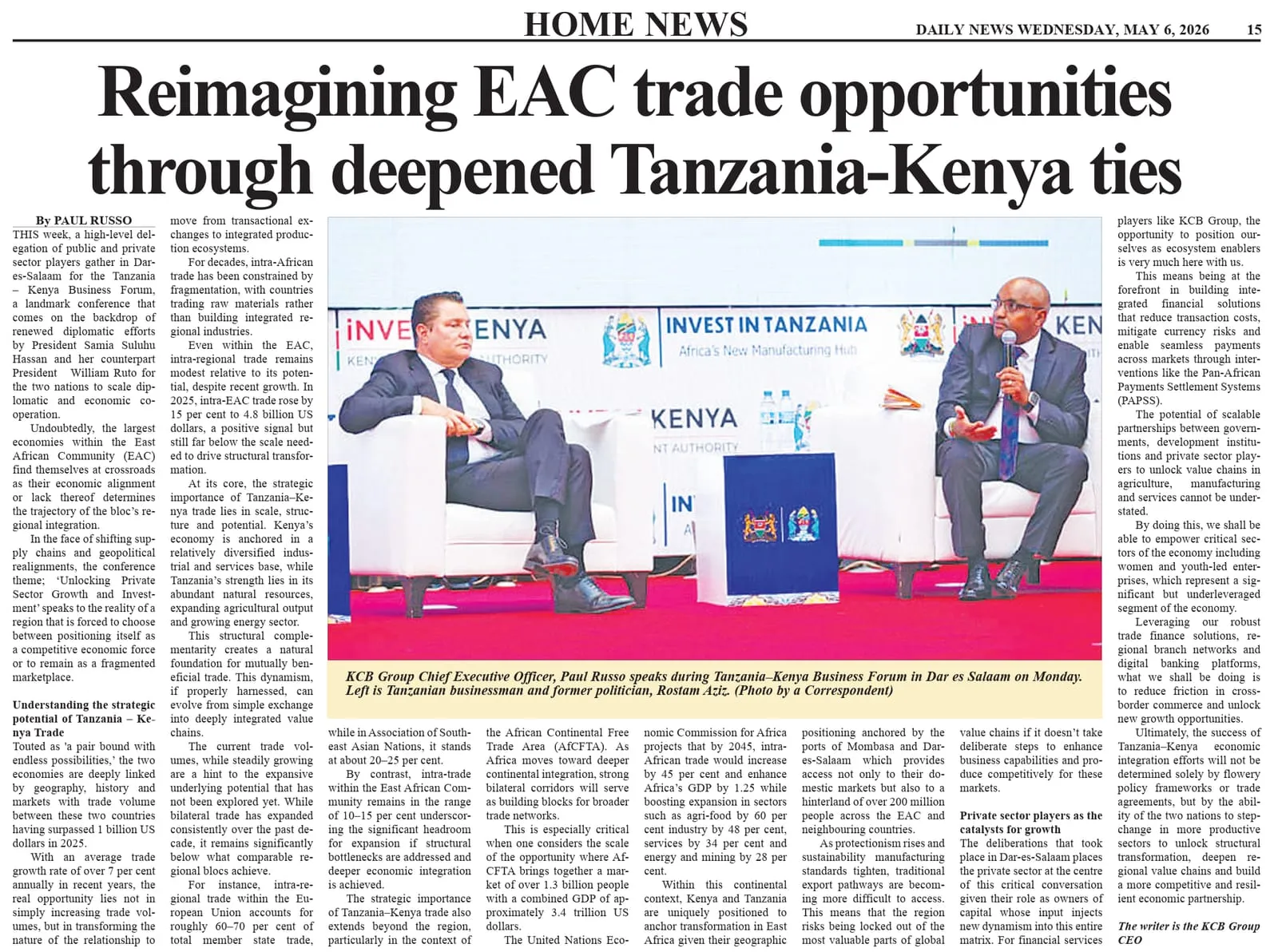 A newspaper page carrying a CEO-bylined op-ed on Tanzania–Kenya trade ties